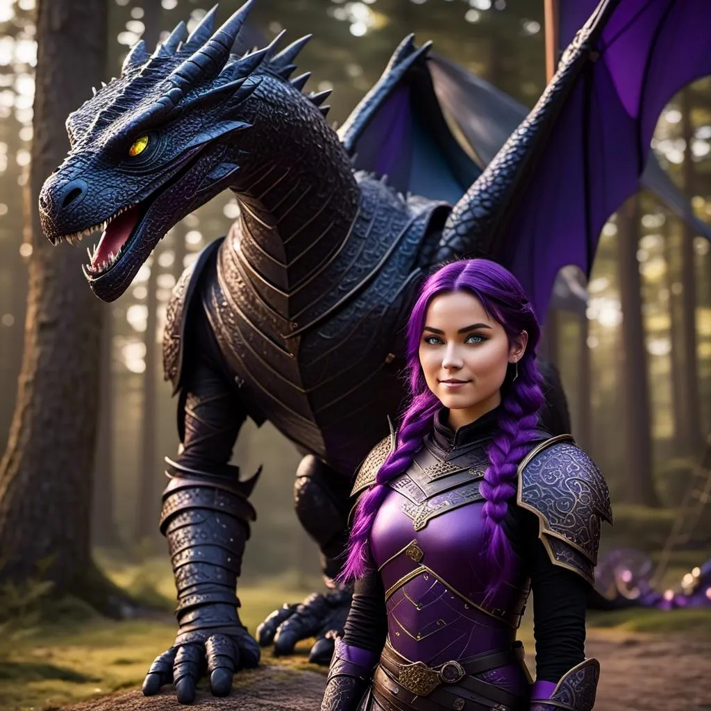 Prompt: Photo of <mymodel> standing next to her ((black)) razorwhip dragon from "How to Train Your Dragon"