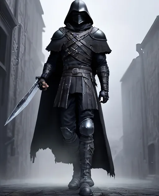Prompt: Digital Art, a sinister viking man, black armor, a long black cloak down to the feet, an armored mask, black gear, a black helmet fully covering his face, with a black ponytail coming from the helmet, black bracers, black pants, black boots, unreal engine 16k octane, 3d lightning