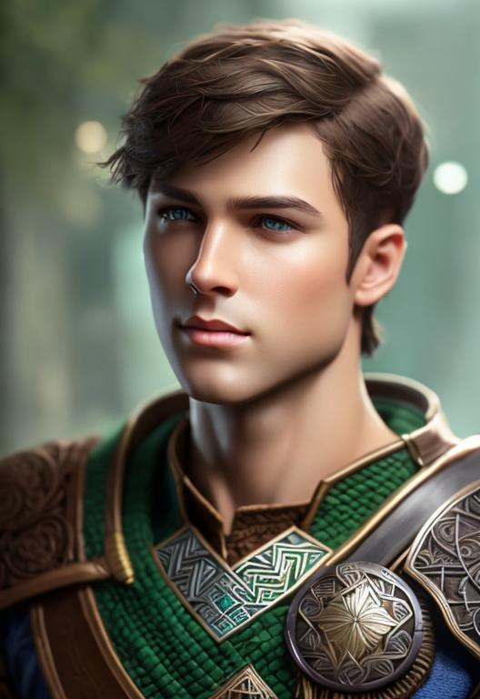 Prompt: he has short brown hair, create most handsome fit fictional male prince viking warrior, short brown hair, light green eyes, extremely detailed environment, detailed background, intricate, detailed skin, professionally color graded, photorealism, 16k, moody lighting