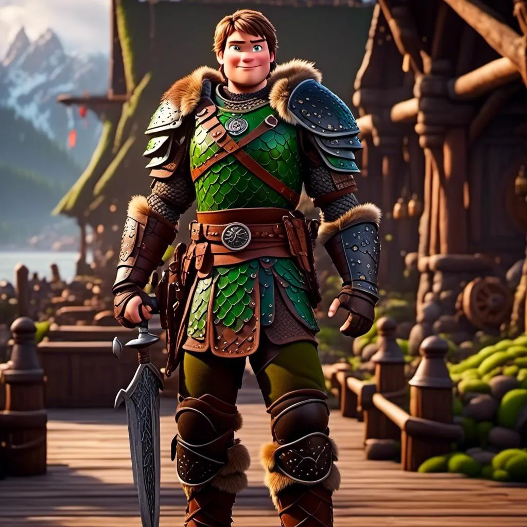 Prompt: <mymodel>Male viking warrior, standing on the viking docks, ((green dragon)), short brown hair, green eyes, green armor, brown gear, brown pants, brown boots, historical, strong and natural lighting