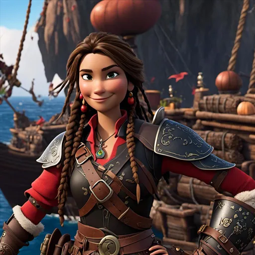 Prompt: <mymodel>CGI Animation, 20-year-old-old pirate woman, head is in rhe shape of an oval, {{brown gear, silver armor}}, brunette hair, dreadlocks, subtle smile, beads hair, small red earrings, multiple braids, straight hair, blue eyes, bracelets, rings on fingers, mercenary gear, unreal engine 8k octane, 3d lighting, full body, full armor