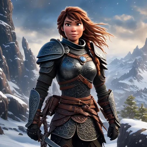 Prompt: <mymodel>animated CGI style, viking female warrior, detailed braided hair and battle scars, rugged and weathered armor, intense and determined gaze, snowy and rugged landscape, fierce, warrior, detailed hair, battle scars, snowy landscape, intense gaze, weathered armor, dramatic lighting