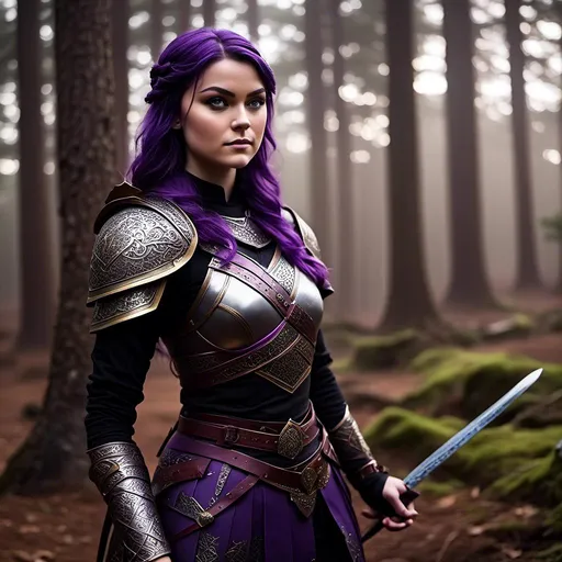 Prompt: A photo of <mymodel> standing in a forest with her sword drawn ready for a fight