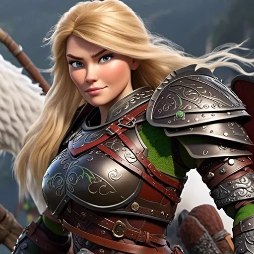 Prompt: <mymodel>Animated CGI style of a fierce Caucasian white Viking female about 25 years old, blond hair, detailed facial features, leather armor red and green armor, battle axe and shield, intense and determined expression, dynamic and powerful pose, high definition, CGI, detailed armor, fierce female, Nordic designs, battle-ready, dynamic pose, professional lighting