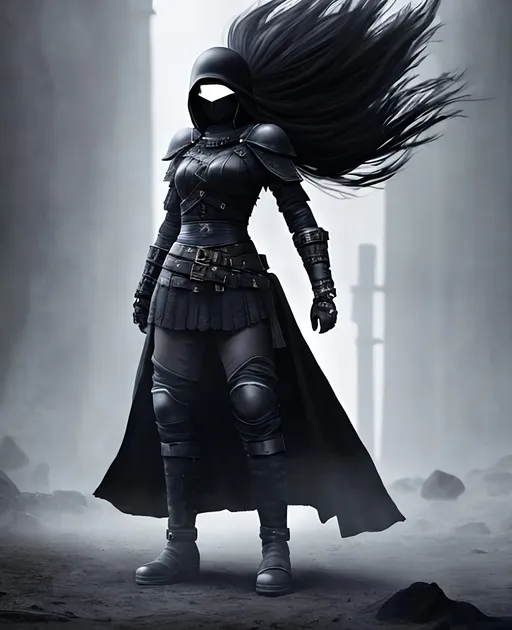 Prompt: Digital Art, a sinister viking woman, black armor, black gear, a black helmet fully covering her face, no face, no eyes, with a black ponytail coming from the helmet, a long black cloak, black bracers, black pants, black boots, unreal engine 8k octane, 3d lightning