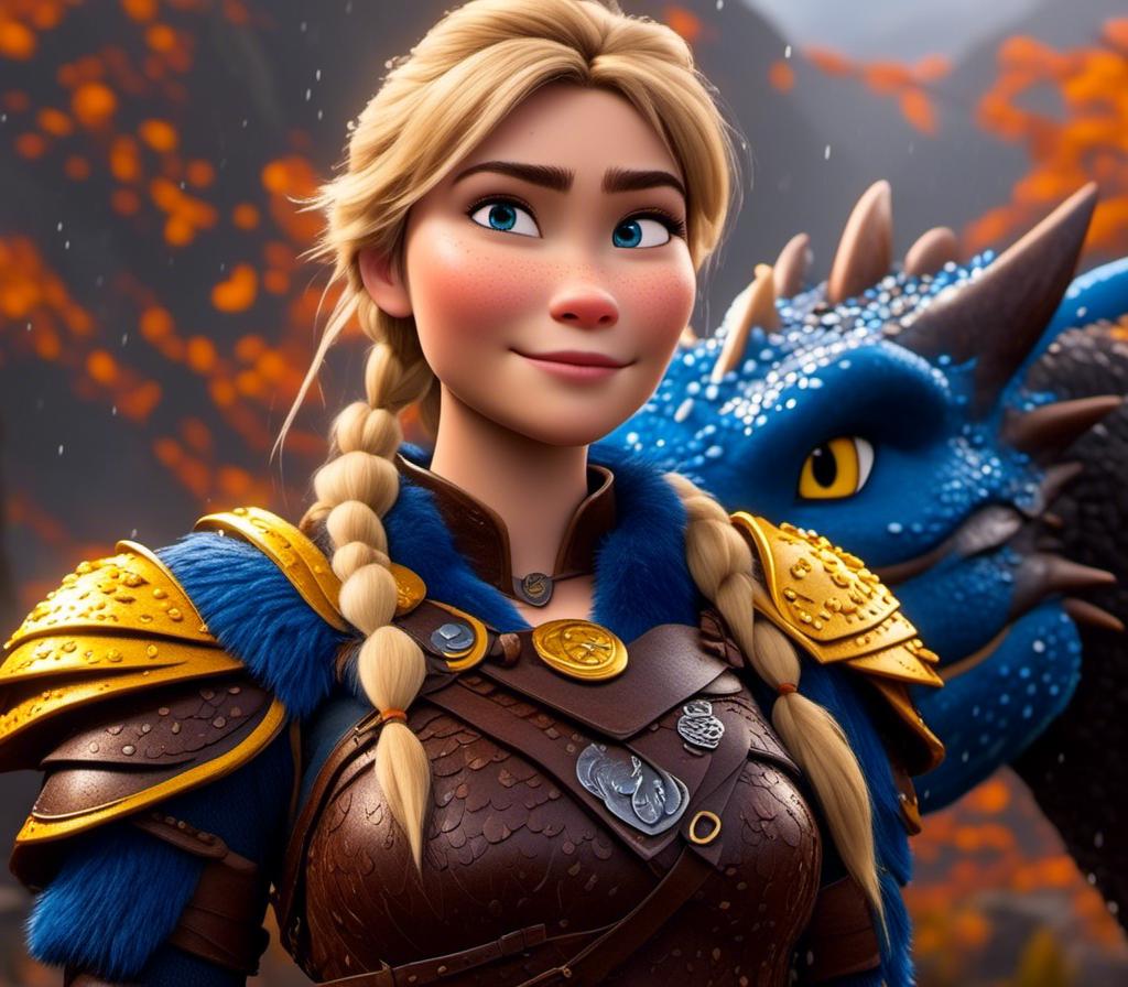 Prompt: <mymodel>CGi Animation, 20-year-old viking woman with blue eyes, a rainy scene, she is standing next to a bright blue dragon with gold highlights, they are both in the rain, the viking woman has a subtle smile, blonde hair in a ponytail style, she has blue gear, gold armor, black pants, black boots, unreal engine 8k octane, 3d lighting, full body, full armor