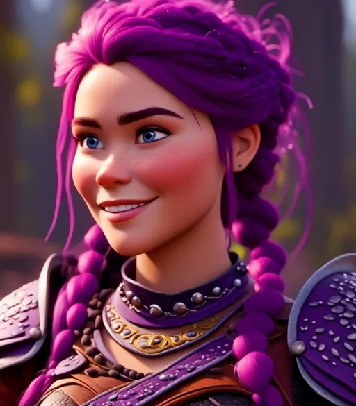 Prompt: <mymodel>CGI Animation, digital art, 20-year-old-old viking woman with light blue eyes, she is overjoyed, purple hair with purple strands, single braid down her shoulder with a tiara, unreal engine 8k octane, 3d lighting, close up camera shot on the face, full armor