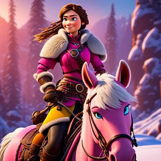 Prompt: <mymodel>CGI Animation, 20-year-old-old pirate woman, riding a horse through the snow, a snowy scene, {{pink gear, yellow armor}}, brunette hair, dreadlocks, subtle smile, beads hair, small pink earrings, multiple braids, pink gear, straight hair, blue eyes, bracelets, rings on fingers, mercenary gear, unreal engine 8k octane, 3d lighting, full armor