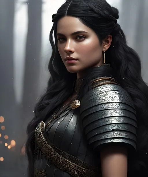Prompt: she has black hair, create most beautiful fictional female viking princess warrior, black hair, extremely detailed environment, detailed background, intricate, detailed skin, professionally color graded, photorealism, 16k, moody lighting