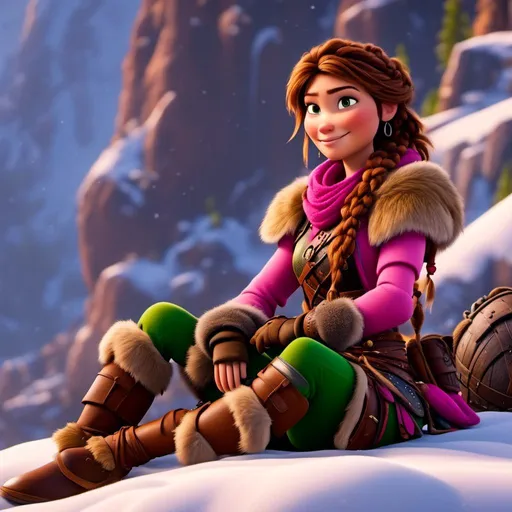 Prompt: <mymodel>CGI Animation, 20-year-old-old pirate woman, sitting on a snow bank, a snowy scene, {{pink gear, yellow armor}}, brunette hair, dreadlocks, subtle smile, beads hair, small pink earrings, multiple braids, pink gear, straight hair, green eyes, bracelets, rings on fingers, mercenary gear, unreal engine 8k octane, 3d lighting, full armor