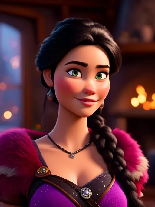 Prompt: <mymodel>CGI Animation, digital art, 20-year-old-old viking woman of royalty standing in her home in the living room next to the fireplace, light blue eyes, {{black gear, purple armor}}, black hair, single braid down her shoulder with a tiara, subtle smile, unreal engine 8k octane, 3d lighting, close up camera shot on the face, full armor