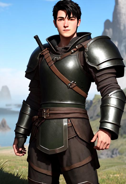 Prompt: Full character, kind of dorky, shy, Digital art, 22-year-old viking man, black hair. green armor. blue gear. medium-length black hair, subtle smile, short black stubble beard, hazel eyes, adventurer, blue sky background, unreal engine 8k octane, 3d lighting