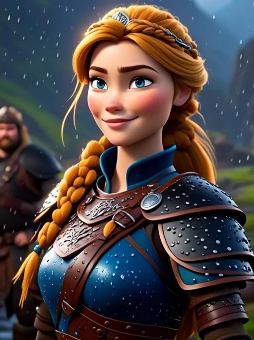 Prompt: <mymodel>CGi Animation, 20-year-old viking woman with blue eyes, ((she is wearing a royal tiara)), a rainy scene, the viking woman has a subtle smile with it pouring down rain, blonde hair in a ponytail style, she has blue gear, gold armor, black pants, black boots