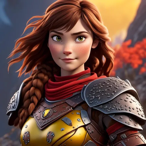 Prompt: <mymodel>CGI Animation of a viking female, brown hair, hazel eyes, bright red gear and armor, yellow highlights and textures, intricate details, high quality, digital painting, cool tones, dramatic lighting