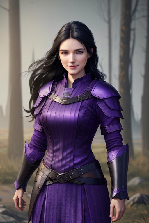 Prompt: Digital Art, 25-year-old viking woman, purple gear, purple clothes, subtle smile, black straight hair, dark purple eyes, a dark purple long-sleeve shirt, textured skirt down to knees, dark purple pants, dark purple armor, long black hair with volume, middle part in hair, leather boots, dark purple gear, unreal engine 64k octane, hdr, 3d lighting, full body, full armor