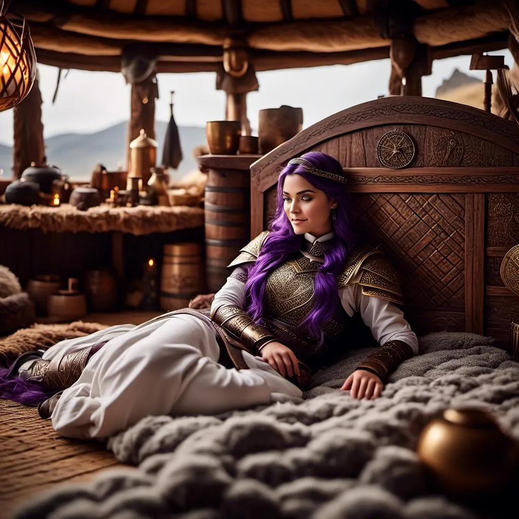 Prompt: Photo of <mymodel> lying down on her bed in her viking house