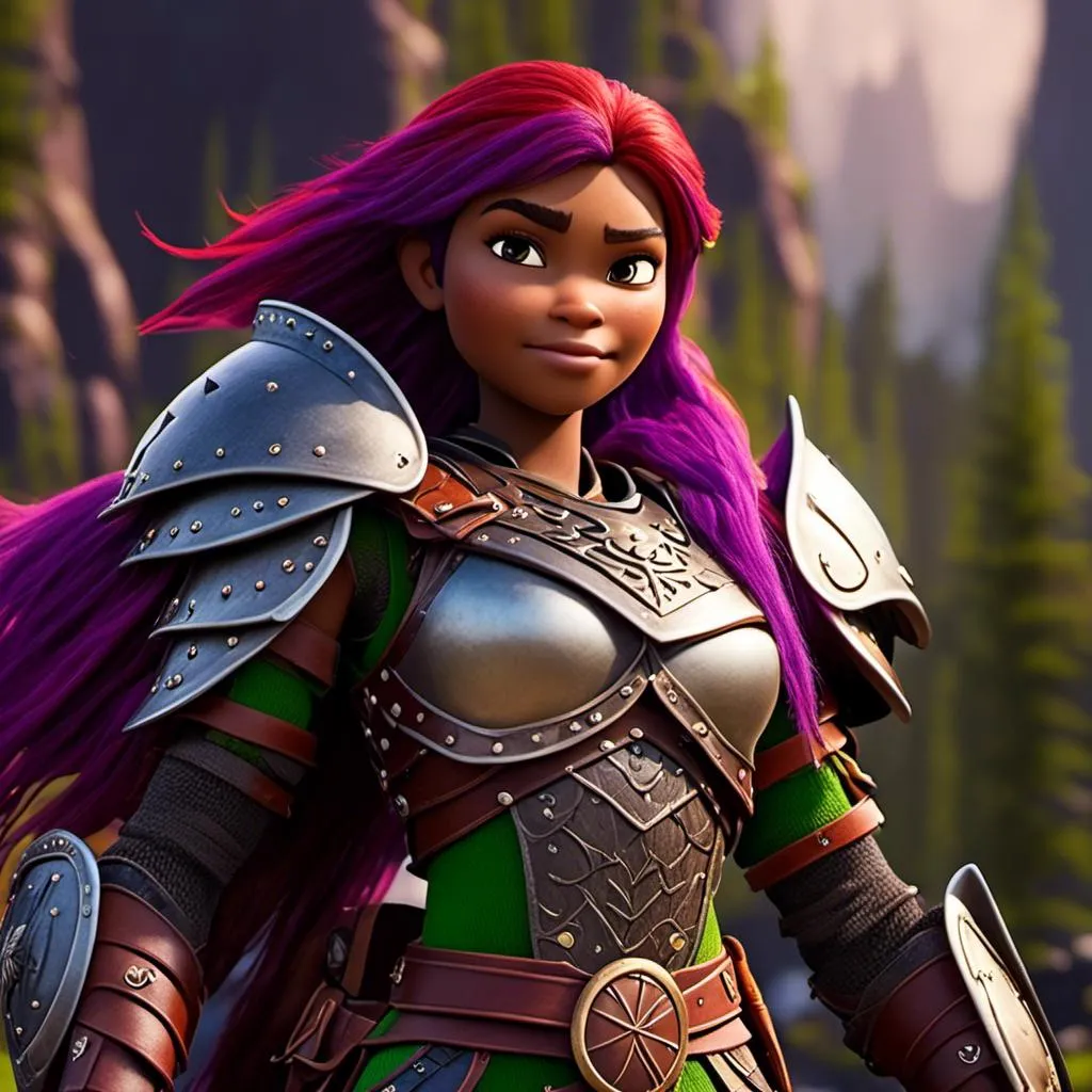 Prompt: <mymodel>Animated CGI style of a fierce Caucasian white Viking female about 25 years old, purple hair, detailed facial features, leather armor ((red)) and green armor, battle axe and shield, intense and determined expression, dynamic and powerful pose, high definition, CGI, detailed armor, fierce female, Nordic designs, battle-ready, dynamic pose, professional lighting