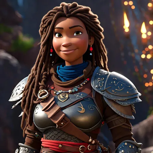 Prompt: <mymodel>CGI Animation, 20-year-old-old pirate woman, brown gear, silver armor, brunette hair, dreadlocks, subtle smile, beads hair, small red earrings, multiple braids, straight hair, blue eyes, bracelets, rings on fingers, mercenary gear, unreal engine 8k octane, 3d lighting, full body, full armor