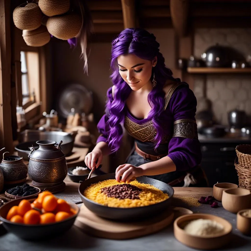 Prompt: Photo of <mymodel> working in the kitchen preparing food in her viking house