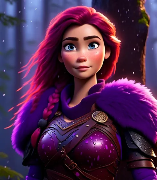 Prompt: <mymodel>CGI Animation, digital art, 20-year-old-old viking woman with light blue eyes, it is raining, she is of royalty standing at night next to a tree with her hands resting on the bark, she is in a dimly lit thick forest with trees everywhere, dense fog, {{black gear, purple armor}}, purple hair, single braid down her shoulder with a tiara, subtle smile, unreal engine 8k octane, 3d lighting, close up camera shot on the face, full armor