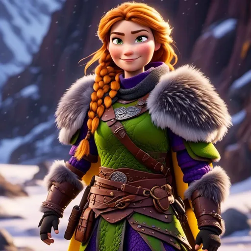 Prompt: <mymodel>CGi Animation, 25-year-old viking woman warrior with yellow eyes, a snowy scene, the viking woman has a subtle smile, hazel color hair, she has green gear, purple armor with bursts of gold textured splotches, black pants, black boots