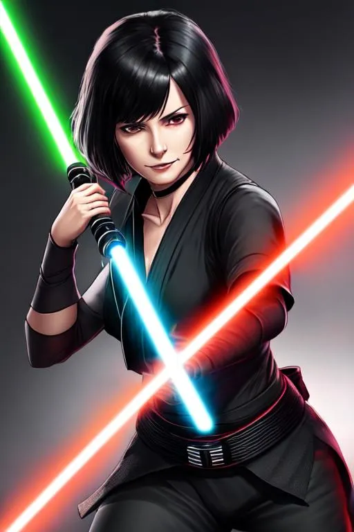 Prompt: A woman sith lord, with black short-length hair, a subtle smile, a black short sleeve shirt, a black vest past the waist, black belt, black pants, black boots, two lightsabers one red and one light pink