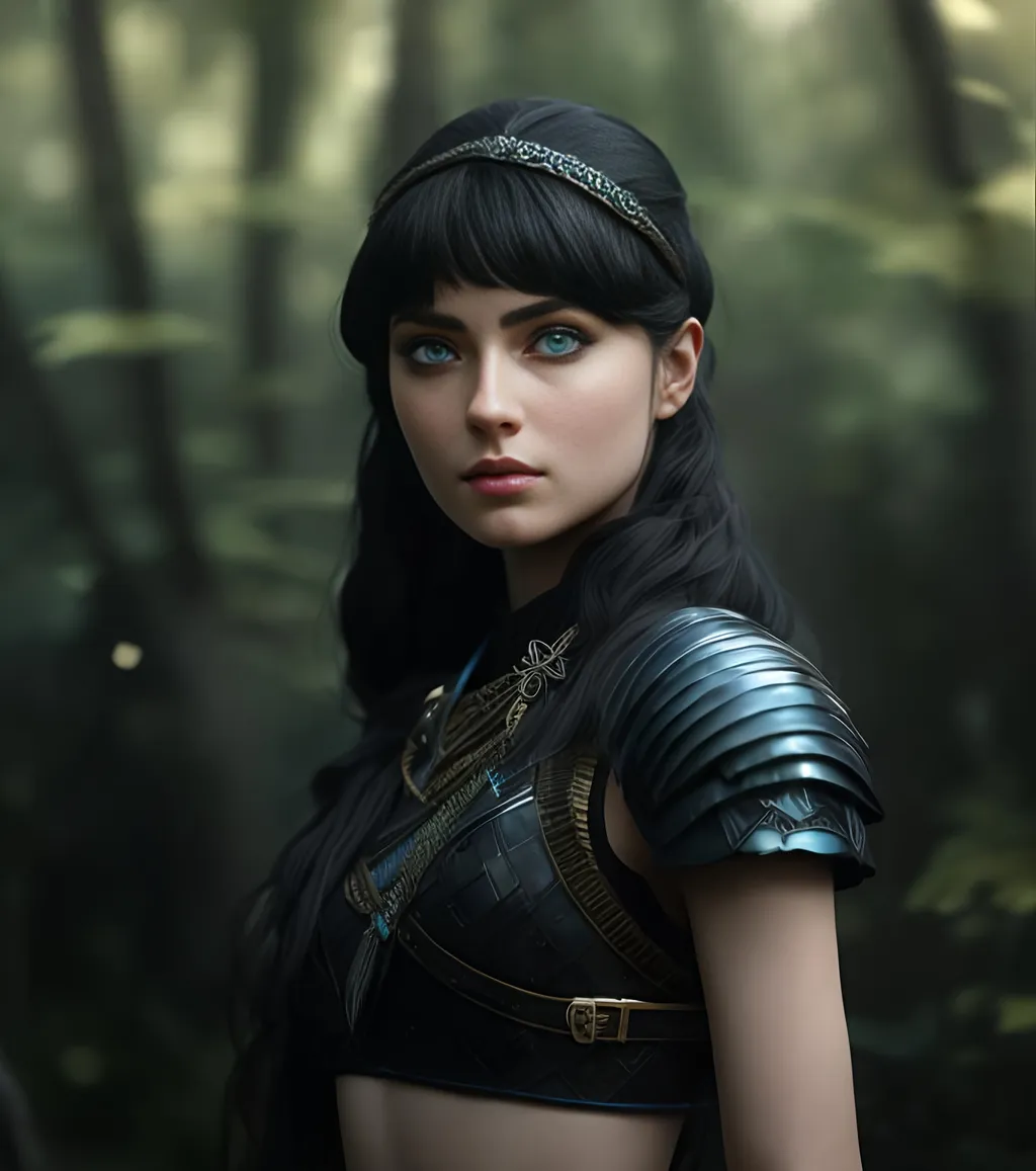 Prompt: she has black hair, create most beautiful fictional female viking princess warrior, black hair, light blue eyes, extremely detailed environment, detailed background, intricate, detailed skin, professionally color graded, photorealism, 8k, moody lighting