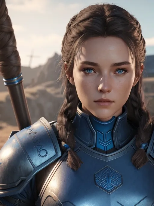 Prompt: Digital art, 18-year-old viking woman, blue gear, blue clothes, dark blue armor, brunette hair, two braids behind her back, dark brown eyes, unreal engine 8k octane, 3d lighting, full body, full armor