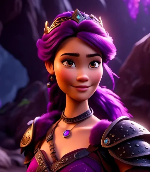 Prompt: <mymodel>CGI Animation, digital art, 20-year-old-old viking woman with light blue eyes, in a cave with dim torches, she is of royalty standing, {{black gear, purple armor}}, purple hair, single braid down her shoulder with a tiara, subtle smile, unreal engine 8k octane, 3d lighting, close up camera shot on the face, full armor