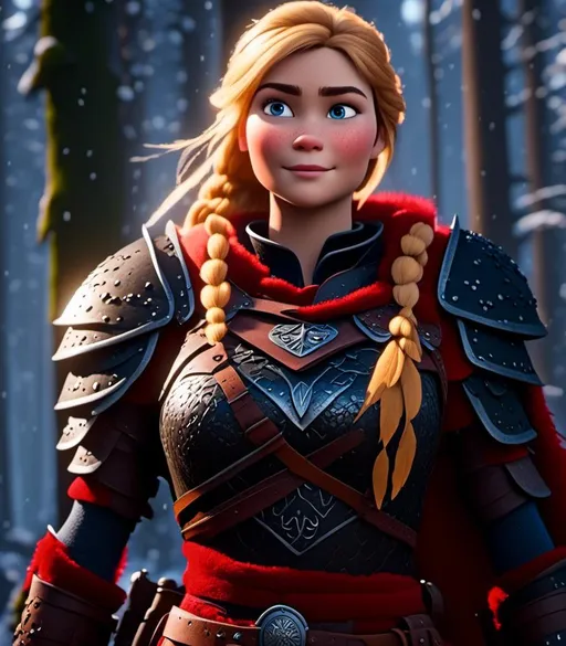 Prompt: <mymodel>CGI Animation, digital art, 20-year-old-old viking woman with light blue eyes standing in a dimly lit forest, blue assassin's creed clothes, red colored armor, blonde straight hair, subtle smile, unreal engine 8k octane, 3d lighting, cinematic lighting, camera shot of full armor from head to toe