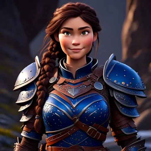 Prompt: <mymodel>Digital art, 18-year-old viking woman, subtle smile, cobalt blue gear, cobalt blue armor, brunette hair, two braids, dark brown eyes, unreal engine 8k octane, 3d lighting, full body, full armor