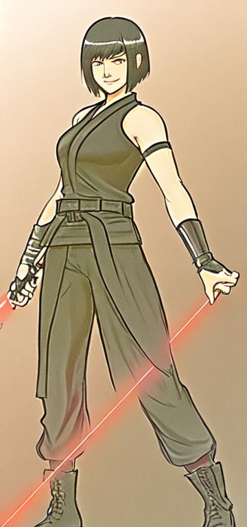 Prompt: A young woman Sith lord, with black short-length hair, black pants, a subtle smile, a black short sleeve shirt, a black vest past the waist, a black belt, black boots, two lightsabers one red and one light pink