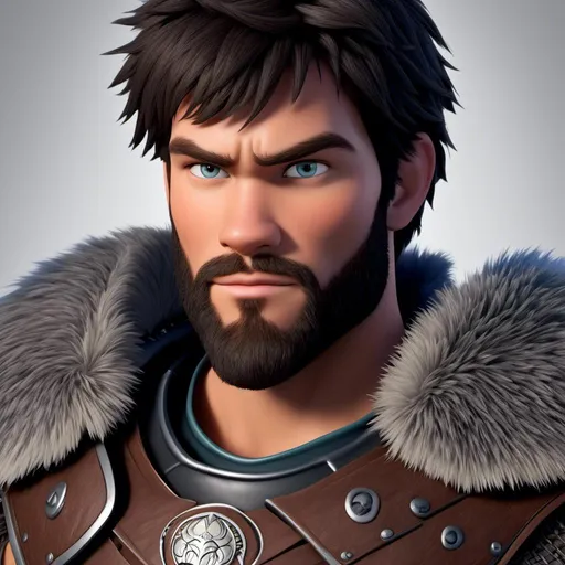 Prompt: <mymodel>Animated CGI style of a fierce ((Caucasian Viking male)) with black hair, intense gaze, realistic clothing textures, high quality, CGI, realistic, intense gaze, viking, male, Caucasian, detailed facial features, highres, professional, intense lighting