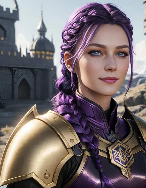 Prompt: Digital art, bright colors, subtle smile, 20-year-old woman viking, dark purple hair, one braid, light blue eyes, cut over left eye to on cheek bone, black gear, gold armor, unreal engine 8k octane, 3d lighting, full body, full armor, Adolph Friedrich Erdmann von Menzel 