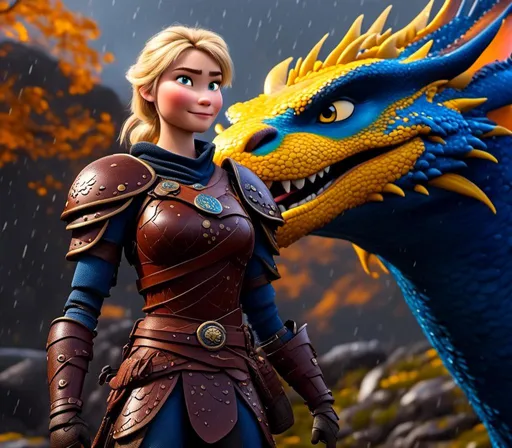 Prompt: <mymodel>CGi Animation, 20-year-old viking woman with blue eyes, a rainy scene, she is standing next to a bright blue dragon with gold highlights, they are both in the rain, the viking woman has a subtle smile, blonde hair in a ponytail style, she has blue gear, gold armor, black pants, black boots, unreal engine 8k octane, 3d lighting, full body, full armor