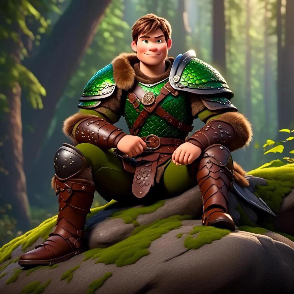 Prompt: <mymodel>Male viking warrior, thin and light muscle build, sitting on a boulder in the forest, there is a green dragon next to him, short brown hair, green eyes, green armor, brown gear, brown pants, brown boots, historical, strong and natural lighting