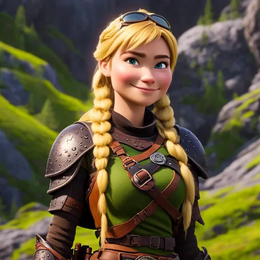 Prompt: <mymodel>CGi Animation, 20-year-old viking woman with one hair braid, subtle smile, blonde hair, blue eyes, green gear, green armor, yellow clothes, yellow textures and highlights, unreal engine 8k octane, 3d lighting, full body, full armor