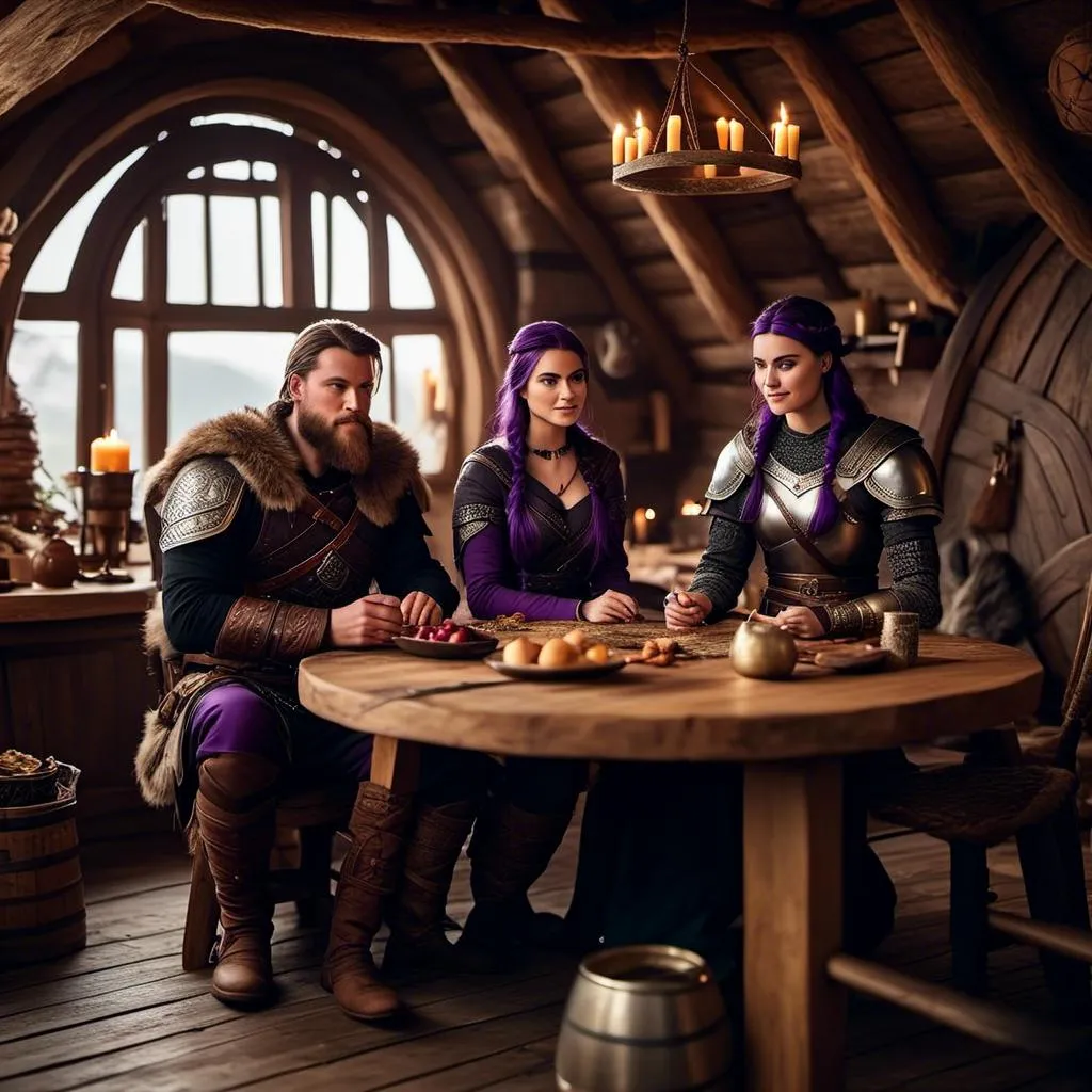 Prompt: Photo of a young <mymodel> sitting at the supper table with her husband a young Jarl Mollerson with short brown hair and no beard in their viking house