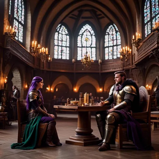 Prompt: Photo of a young <mymodel> sitting at the in the viking Great Hall from How to Train Your Dragon discussing politics with her husband a young Jarl Mollerson, ((he has short brown hair and no beard))