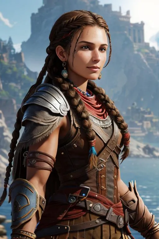 Prompt: Digital Art, 20-year-old pirate woman, red bandana around hair above forehead, looking at camera, muscular build, brown gear, brown pants, assassin's creed Odyssey armor, jeweled hair band, brunette hair, dreadlocks, subtle smile, beads hair, small red earrings, multiple braids, straight hair, blue eyes, bracelets, rings on fingers, mercenary gear, unreal engine 8k octane, 3d lighting, full body, full armor