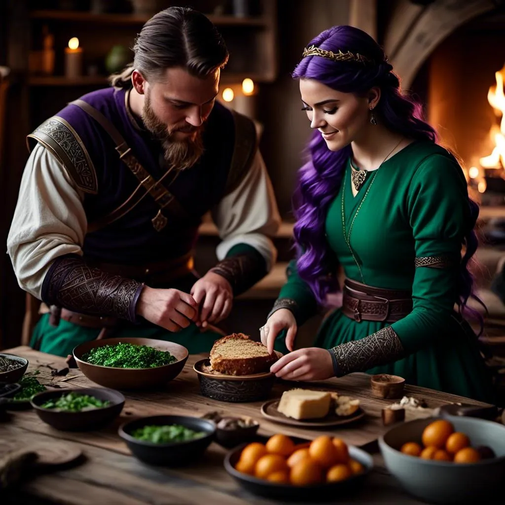 Prompt: Photo of a young <mymodel> setting the supper table with her husband a young Jarl Mollerson with green clothes in their viking house