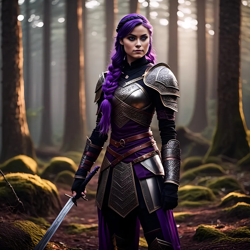 Prompt: A photo of <mymodel> standing in a forest with her sword drawn ready for a fight