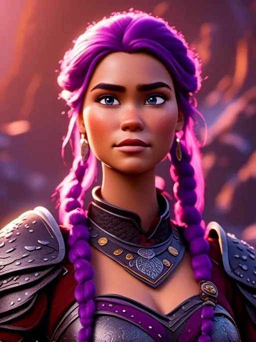 Prompt: <mymodel>CGI Animation, digital art, 20-year-old-old viking woman with light blue eyes, she looks sad and upset, standing in a battle arena at the ready, purple hair with purple strands, single braid down her shoulder with a tiara, unreal engine 8k octane, 3d lighting, close up camera shot on the face, full armor