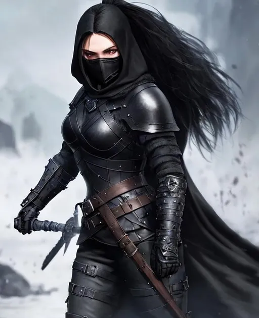 Prompt: Digital Art, a sinister viking woman, black armor, black gear, a black helmet fully covering her face, with a black ponytail coming from the helmet, a long black cloak, black bracers, black pants, black boots, unreal engine 16k octane, 3d lightning