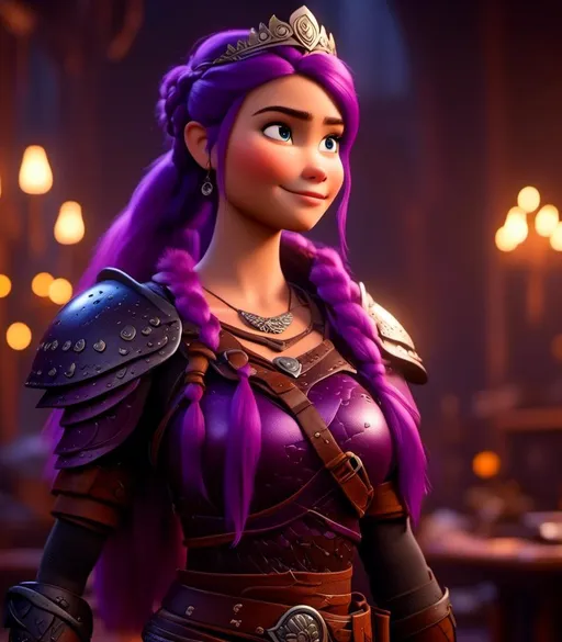 Prompt: <mymodel>CGI Animation, digital art, 20-year-old-old viking woman with light blue eyes, she is standing in her library, she is of royalty, {{black gear, purple armor}}, purple hair, single braid down her shoulder with a tiara, subtle smile, unreal engine 8k octane, 3d lighting, close up camera shot on the face, full armor