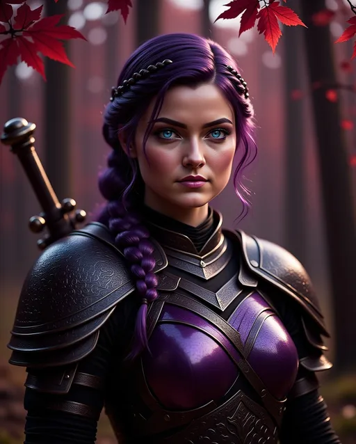 Prompt: <mymodel>25-year-old viking woman, standing in the dimly lit forest with many detailed red leaves on the tree branches in foreground and background, messy and dirty hair, single braid of hair down her shoulder, she has a mad expression, light blue eyes, dirty armor, purple gear, bright black armor, black textures and highlights, with glowing lights, short focus, blurry background, unreal engine 8k octane, 3d lighting, full body, full armor
