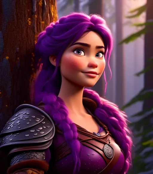 Prompt: <mymodel>CGI Animation, digital art, 20-year-old-old viking woman of royalty standing next to a tree with her hands resting on the bark, she is in a dimly lit thick forest with trees everywhere, dense fog, light blue eyes, {{black gear, purple armor}}, purple hair, single braid down her shoulder with a tiara, subtle smile, unreal engine 8k octane, 3d lighting, close up camera shot on the face, full armor