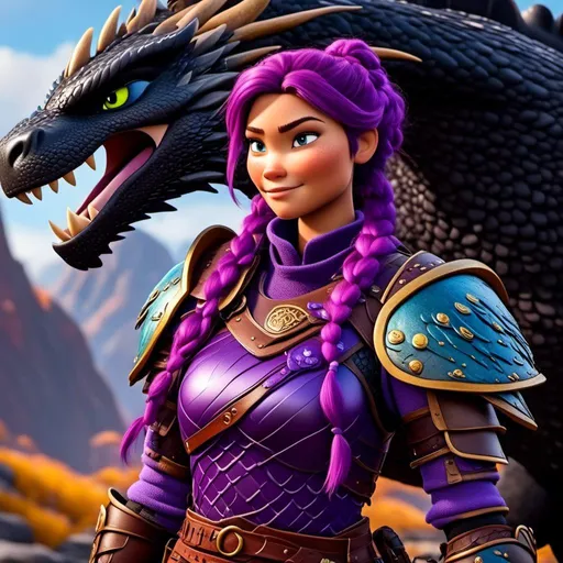 Prompt: <mymodel>Female viking warrior, thin and light muscle build, purple hair with a single braid down her shoulder, there is a medium-sized black dragon next to her, the female viking is petting her black dragon, light blue eyes, gold armor, purple gear, black pants, purple boots, historical, strong and natural lighting