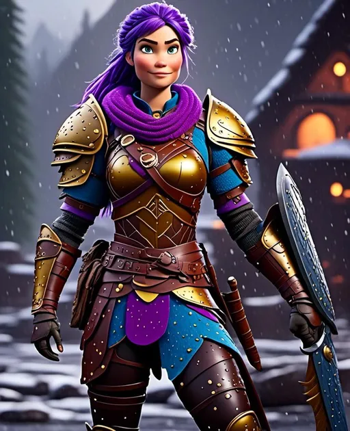 Prompt: Photo of <mymodel> standing in a heavy rain, viking warrior, {{((light blue eyes))}}, purple hair, single braid down her shoulder, purple gear, gold armor, purple pants, gold boots, full body shot, 16K unreal engine octane