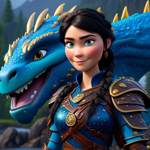 Prompt: <mymodel>CGi Animation, 20-year-old viking woman with blue eyes, a rainy scene, she is standing next to a bright blue dragon with gold highlights, they are both in the rain, the viking woman has a subtle smile, black hair with two pigtail braids, she has blue gear, gold armor, black pants, black boots